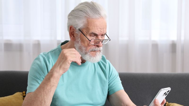 Senior schaut nachdenklich auf Smartphone